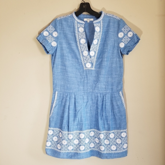 Madewell Chambray Embroidered Cotton Sunstitch Tunic Dress W/ Pockets Size XS - Picture 10 of 10